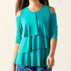 Susan Graver Every Day Liquid Knit Cold Shoulder Tiered‎ Top Teal -3X